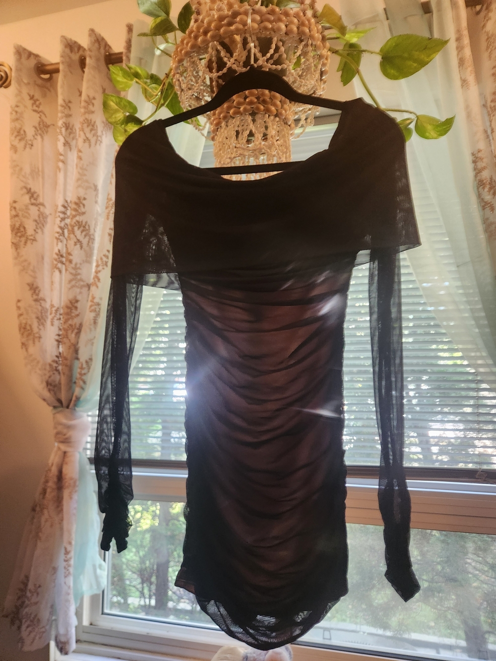 Lucy in the Sky Black Sheer Ruched Long-Sleeve Bodycon Dress